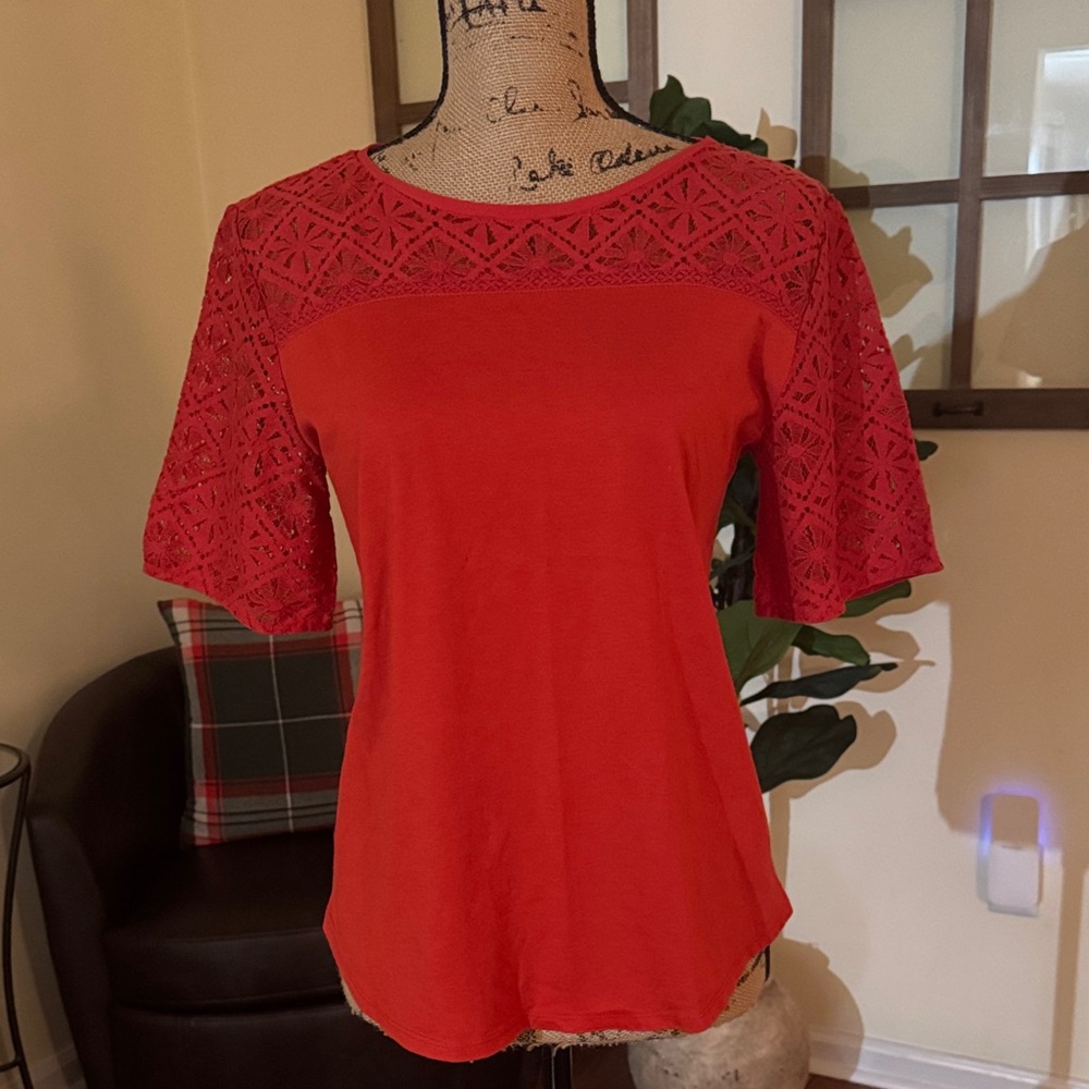 LOFT Burnt Orange Lace Sleeve Blouse